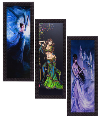 eCraftIndia Set Of 3 Beautiful Angels Satin Matt Textured Canvas 16 inch x 21 inch Painting(With Frame, Pack of 3)