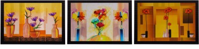 eCraftIndia Set Of 3 Gorgeous Vase Flower Satin Matt Textured UV Canvas 14 inch x 30 inch Painting(With Frame, Pack of 3)