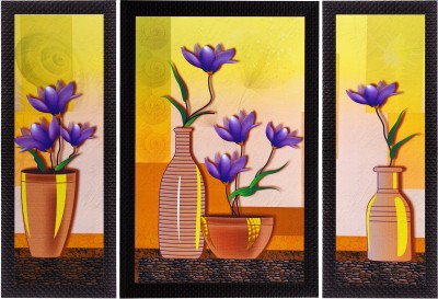 eCraftIndia Set Of 3 Botanical Floral and Vase Satin Matt Textured UV Canvas 14 inch x 24 inch Painting(With Frame, Pack of 3)