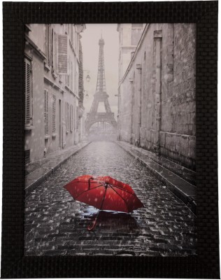 eCraftIndia Eiffel Tower view under Rain Satin Matt Texture UV Canvas 14 inch x 11 inch Painting(With Frame)