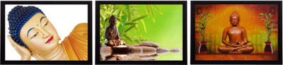 eCraftIndia Set Of 3 Forms Of Lord Buddha Satin Matt Textured UV Canvas 14 inch x 30 inch Painting(With Frame, Pack of 3)