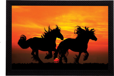 eCraftIndia Black Running Horses Satin Matt Textured UV Art Canvas 14 inch x 20 inch Painting(With Frame)