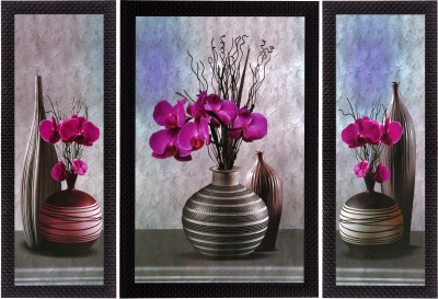 eCraftIndia Set Of 3 Pink Flower and Vase Satin Matt Textured UV Canvas 14 inch x 24 inch Painting(With Frame, Pack of 3)