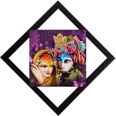 eCraftIndia Colorful Radha & Krishna With Flute Satin Matt Textured UV Art Canvas 12 inch x 12 inch Painting(With Frame)