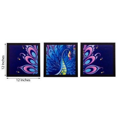 eCraftIndia Set Of 3 Peocock Feather Matt Textured Framed Uv Art Print Oil 12 inch x 12 inch Painting(With Frame, Pack of 3)