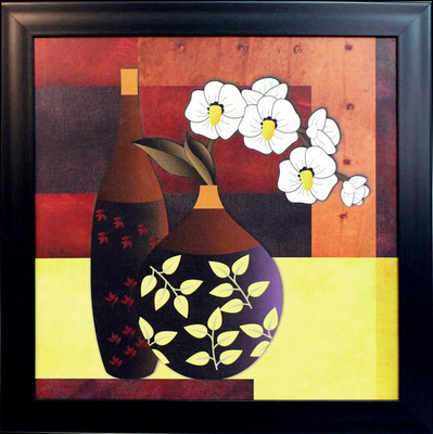 eCraftIndia Abstract Pot And Flower Theme Satin Matt Texture Canvas 14 inch x 14 inch Painting(With Frame)