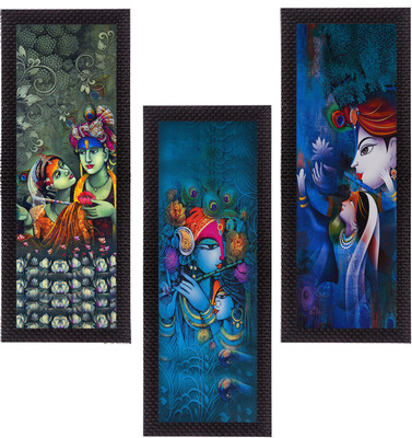 eCraftIndia Set Of 3 Radha Krishna Satin Matt Textured Canvas 16 inch x 21 inch Painting(With Frame, Pack of 3)