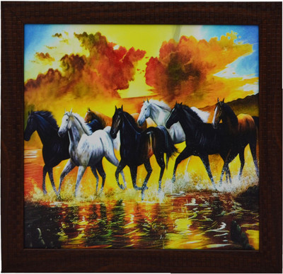 eCraftIndia Running Lucky Horses Design Satin Matt Texture Canvas 11.5 inch x 11.5 inch Painting(With Frame)