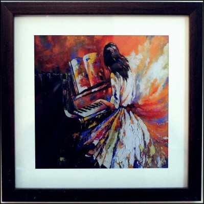 eCraftIndia Girl Playing Piano Design Satin Matt Texture Canvas 9 inch x 9 inch Painting(With Frame)