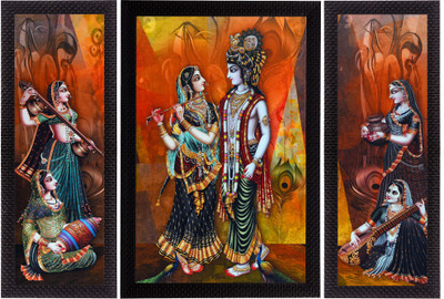 eCraftIndia Set Of 3 Musical Radha With Krishna Satin Matt Textured UV Canvas 14 inch x 24 inch Painting(With Frame, Pack of 3)