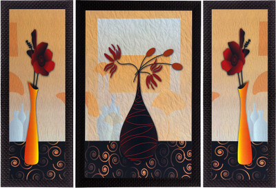 eCraftIndia Set Of 3 Geometrical Flora Satin Matt Textured UV Canvas 14 inch x 24 inch Painting(With Frame, Pack of 3)