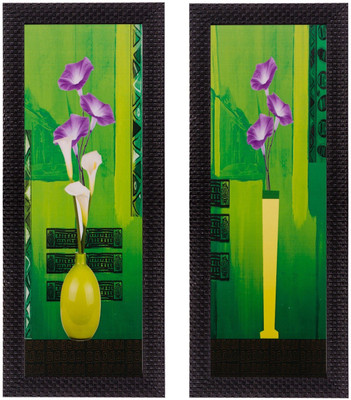 eCraftIndia Set of 2 Botanical Pots Satin Matt Textured UV Canvas 14 inch x 12 inch Painting(With Frame, Pack of 2)