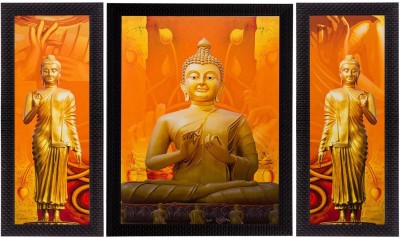 eCraftIndia Set Of 3 Meditating Buddha Matt Textured Framed Uv Art Print Oil 14 inch x 11 inch Painting(With Frame, Pack of 3)