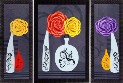 eCraftIndia Set Of 3 Vase With Flower Satin Matt Textured UV Canvas 14 inch x 24 inch Painting(With Frame, Pack of 3)