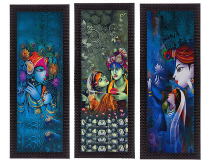 eCraftIndia Set Of 3 Radha Krishna Satin Matt Textured Canvas 16 inch x 21 inch Painting(With Frame, Pack of 3)