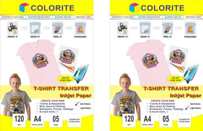 

Colorite 120gsm Tshirt Light Plus Dark Fabrics Inkjet Unruled A4 Transfer Paper(Set of 2, White)