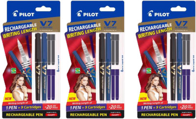 

Pilot V7 Hi-tecpoint Pen with cartridge system - 1 Blue, 1 Black, 2 Blue cartridges, 2 Black cartridges Roller Ball Pen(Pack of 3)