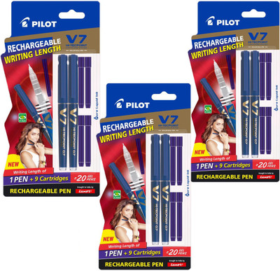 

Pilot V7 Hi-tecpoint Roller ball pen with Cartridge System - 2 Blue Pens, 4 cartridges Roller Ball Pen(Pack of 3)