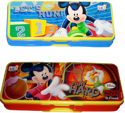 SKI MICKEY CARTOON Art PLASTIC Pencil Boxes(Set of 2, YELLOW,BLUE,RED)