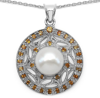 

Johareez 3.56CTW Genuine Pearl & Citrine .925 Sterling Silver Pendant Rhodium Pearl Sterling Silver Pendant