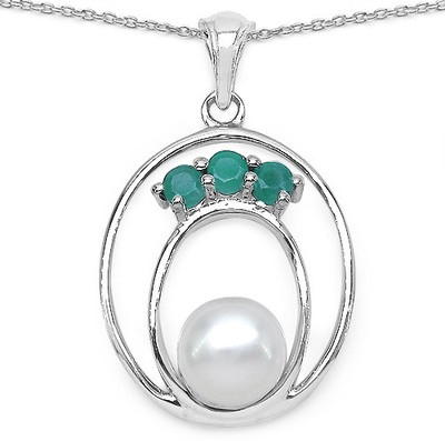 

Johareez 2.30CTW Genuine Emerald & Pearl .925 Sterling Silver Pendant Rhodium Emerald Sterling Silver Pendant