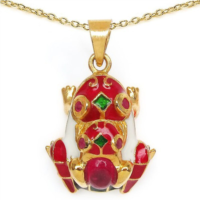 Johareez 6.80 Grams Red Synthetic Stone & Ruby Gold Plated .925 Sterling Silver Red, White & Green Enamel Frog Shape Pendant Gold-plated Sterling Silver Pendant