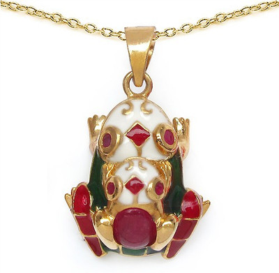 Johareez 7.10 Grams Red Synthetic Stone & Ruby Gold Plated .925 Sterling Silver Red, Green & White Enamel Frog Shape Pendant Gold-plated Sterling Silver Pendant