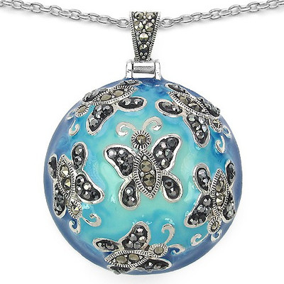 

Johareez 18.41 Grams Marcasite .925 Sterling Silver Blue Enamel Pendant Rhodium Sterling Silver Pendant