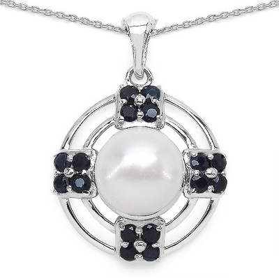 

Johareez 3.90CTW Genuine Blue Sapphire & Pearl .925 Sterling Silver Pendant Rhodium Sapphire Sterling Silver Pendant