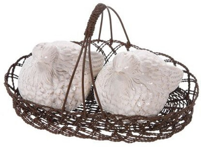 

Creative Co-op Dolomite Bird Salt And Pepper Shakers In Wire Basket