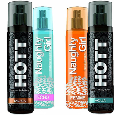 

Hott MUSK & AQUA + Naughty Girl ECHO & FEMME Perfume SUPER SAVER Pack of 4 (1200 Sprays Each) Eau de Parfum - 135 ml(For Men & Women)