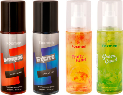 

Foxmen Impress-Excite-FruityFame-GreenGrand(Pack Of 4) Eau de Toilette - 800 ml(For Men & Women)
