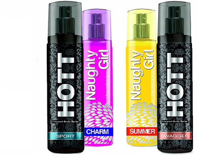 

Hott SWAGGER & SPORT + Naughty Girl CHARM & SUMMER Perfume SUPER SAVER Pack of 4 (1200 Sprays Each) Eau de Parfum - 135 ml(For Men & Women)