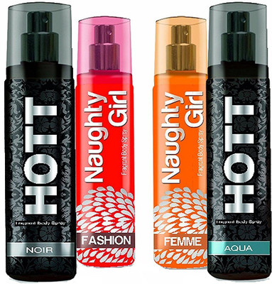 

Hott NOIR & AQUA + Naughty Girl FEMME & FASHION Perfume SUPER SAVER Pack of 4 (1200 Sprays Each) Eau de Parfum - 135 ml(For Men & Women)