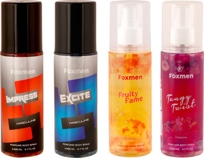 

Foxmen Impress-Excite-FruityFame-TangyTwist(Pack Of 4) Eau de Toilette - 800 ml(For Men & Women)