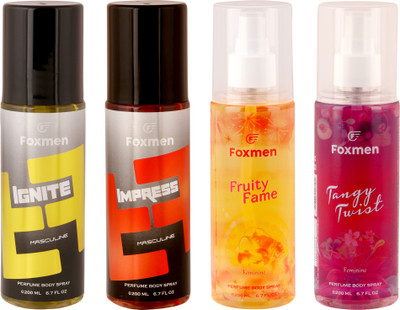 

Foxmen Ignite-Impress-FruityFame-TangyTwist(Pack Of 4) Eau de Toilette - 800 ml(For Men & Women)