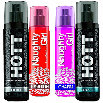 

Hott NOIR & SPORT + Naughty Girl FASHION & CHARM Perfume SUPER SAVER Pack of 4 (1200 Sprays Each) Eau de Parfum - 135 ml(For Men & Women)
