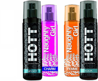 

Hott SPORT & AQUA + Naughty Girl CHARM & FEMME Perfume SUPER SAVER Pack of 4 (1200 Sprays Each) Eau de Parfum - 135 ml(For Men & Women)