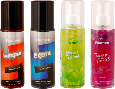 

Foxmen Impress-Excite-GreenGrand-TangyTwist(Pack Of 4) Eau de Toilette - 800 ml(For Men & Women)
