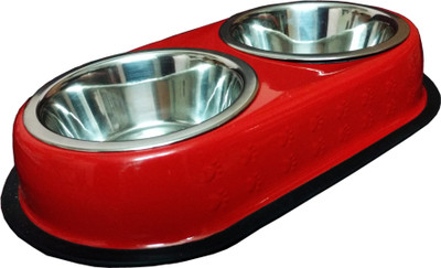 

Petshop7 Medium Double Diner Oval Stainless Steel Pet Bowl(920 ml Red)