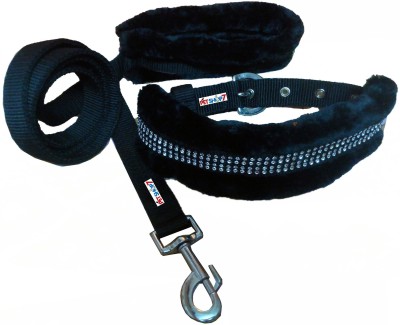 Petshop7 Blue 1.25 Inch Nylon Fur Large Dog Collar & Leash(Large, Black)