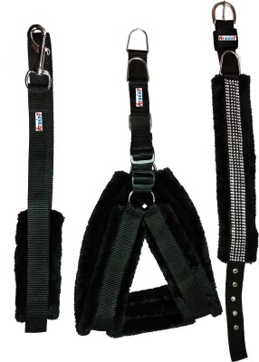 Petshop7 Nylon Black 1 inch Fur harness, Collar & Leash (Chest Size : 26-30 inch) Medium Dog Harness & Leash(Medium, Black)