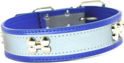 

Sollar's Blue Bone Stud & Reflective Leather Dog Everyday Collar(, SIlver, blue