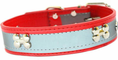 

Sollar's Red Bone Stud & Reflective Leather Dog Everyday Collar(, SIlver, Red