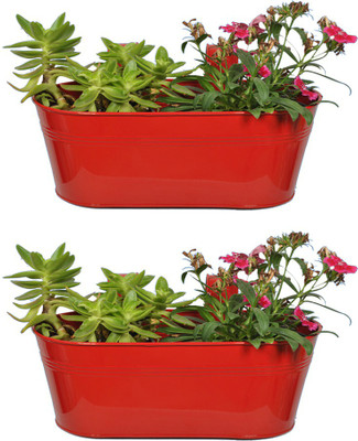 

TrustBasket Set of 2 -Oval railing planter -Red Plant Container Set(Pack of 2, Metal)