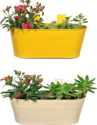 

TrustBasket Set of 2 -Oval railing planter - Ivory and Yellow Plant Container Set(Pack of 2, Metal)