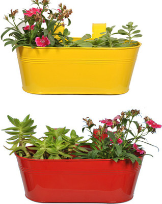 

TrustBasket Set of 2 -Oval railing planter - Red and Yellow Plant Container Set(Pack of 2, Metal)