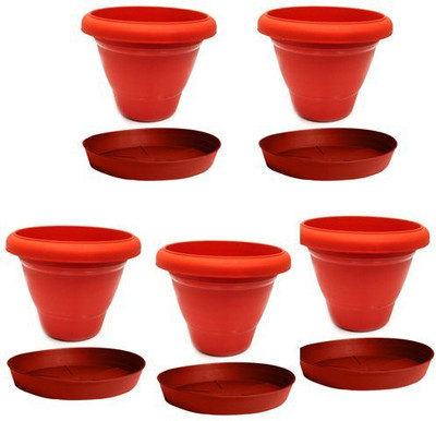 

SGS 6 Inch Green Planters With Base Tray - Set Of 5 Plant Container(Plastic, External Height - 16 cm), Maroon