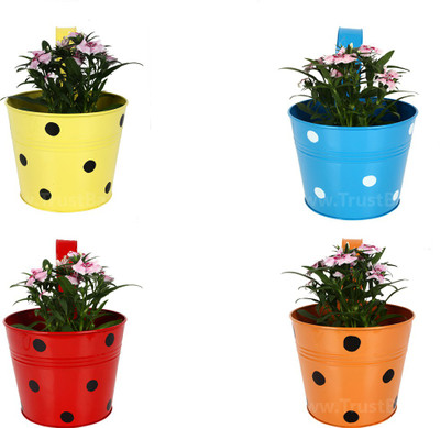 

TrustBasket Set of 4 - Single Pot Railing Planter - (Red,Yellow,Blue,Orange) Plant Container(Metal, External Height - 15 cm), Blue;orange;red;yellow