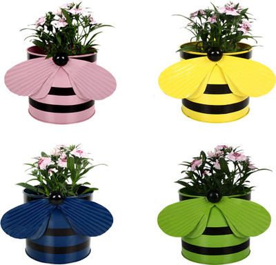 

TrustBasket Set of 4 - Bee planters Light Pink,Yellow,Blue and Green Plant Container(Metal, External Height - 15 cm), Blue;green;pink;yellow
